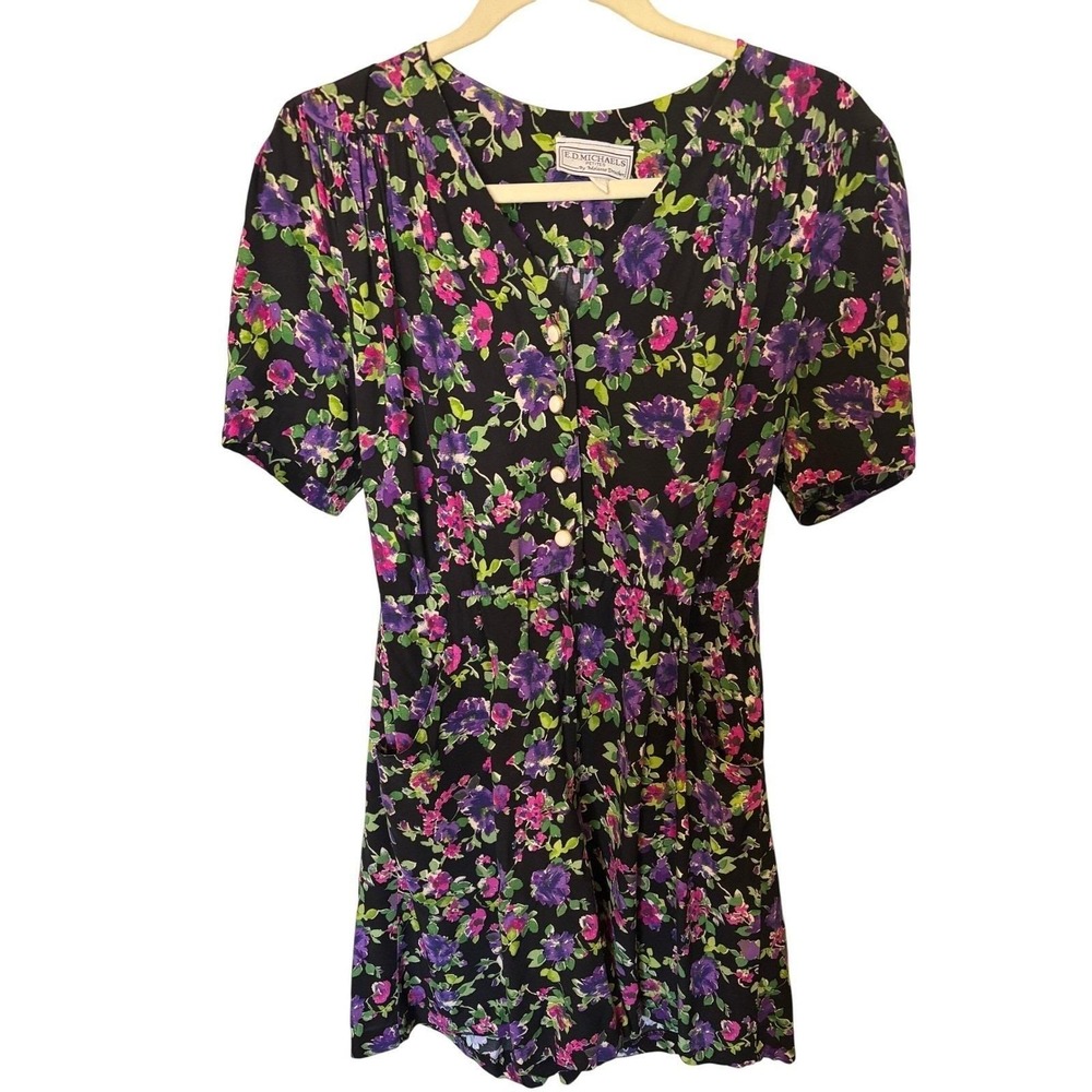 Vintage 90s Dark Floral Romper Black Grunge Cottagecore V-Neck Womens 7-8